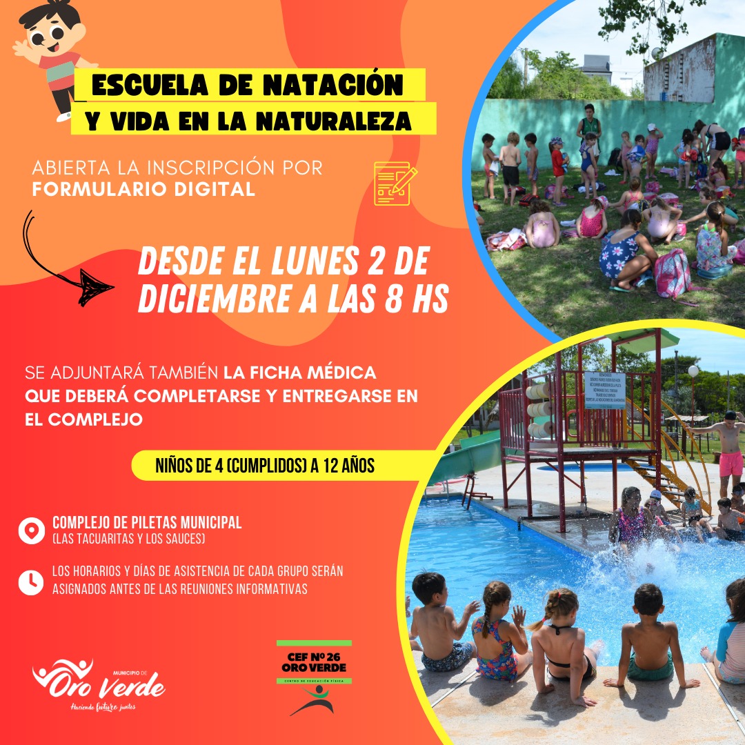 Inscripción a la Escuela de Natación y Vida en la Naturaleza mediante formulario digital a partir del próximo lunes 2 de diciembre.