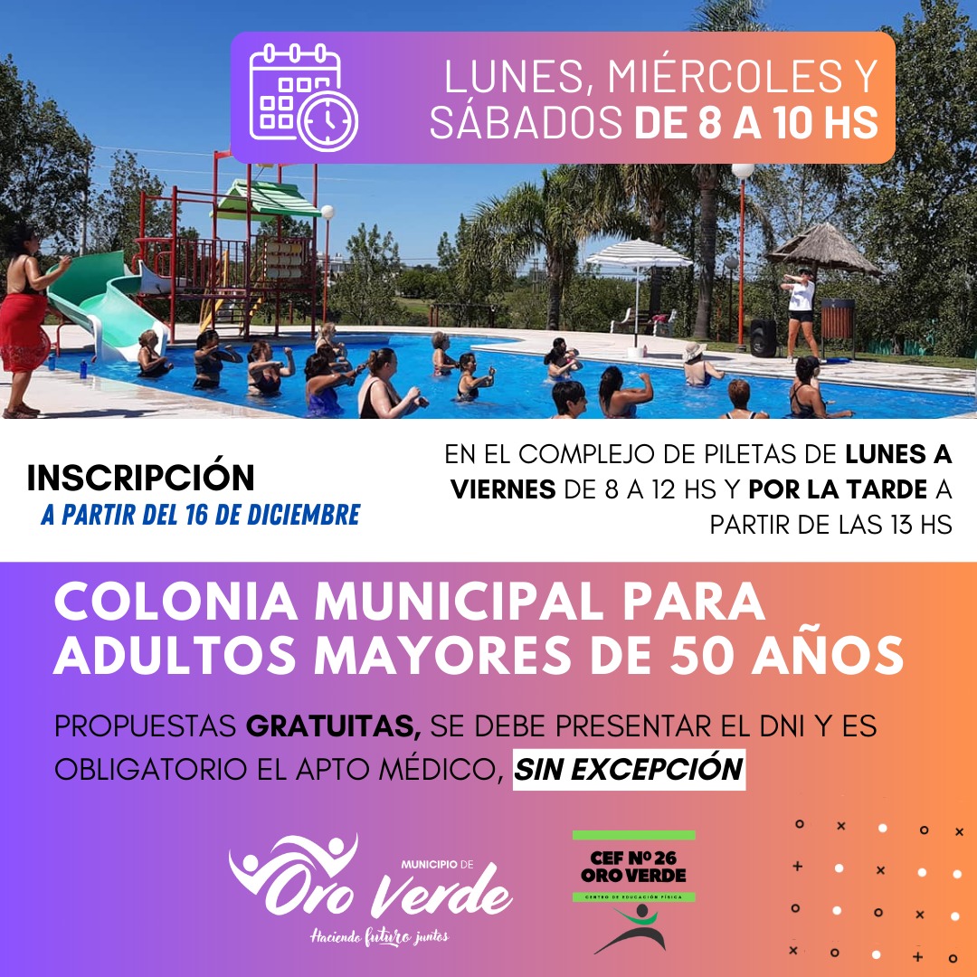 El próximo lunes comienza la inscripción para la Colonia de Adultos mayores de 50 años