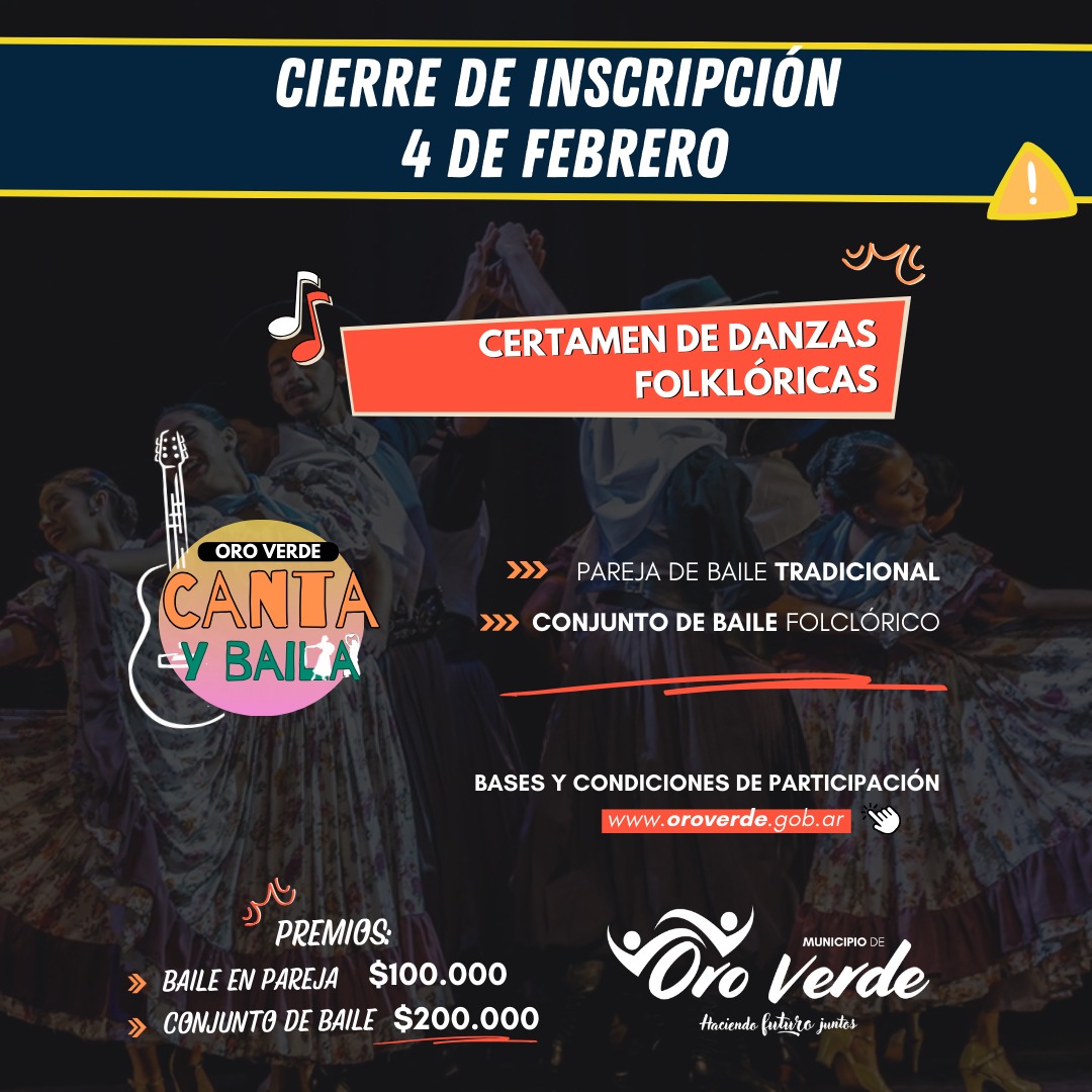 Oro Verde Canta y Baila”: el martes 4 de febrero cierra la inscripción para participar con un stand y para el Certamen de Baile Folklórico