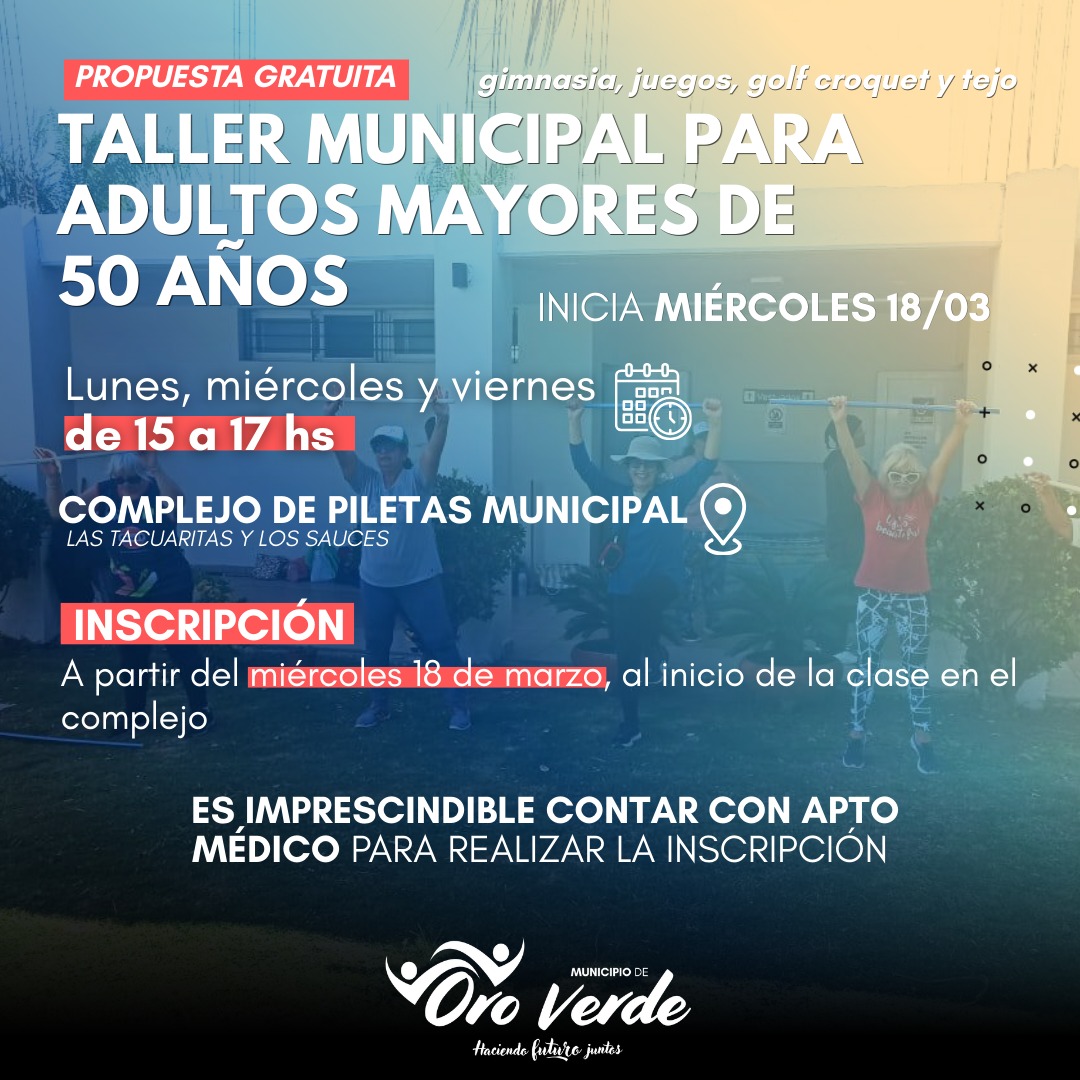 El próximo miércoles comienza el taller municipal para Adultos mayores de 50 años